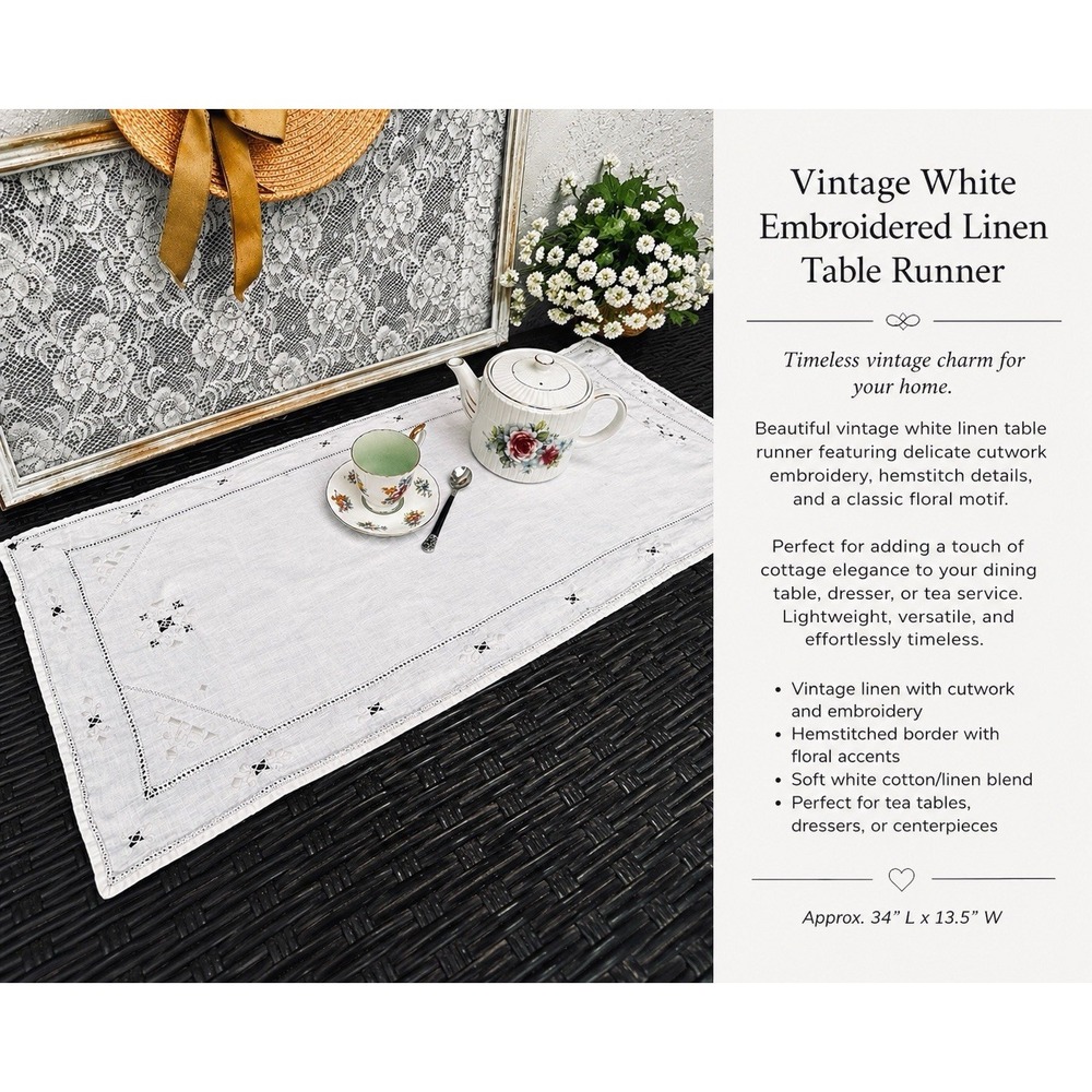 Vintage White Cutwork Eyelet Embroidered Table Runner, Linen 34"x 13.5"